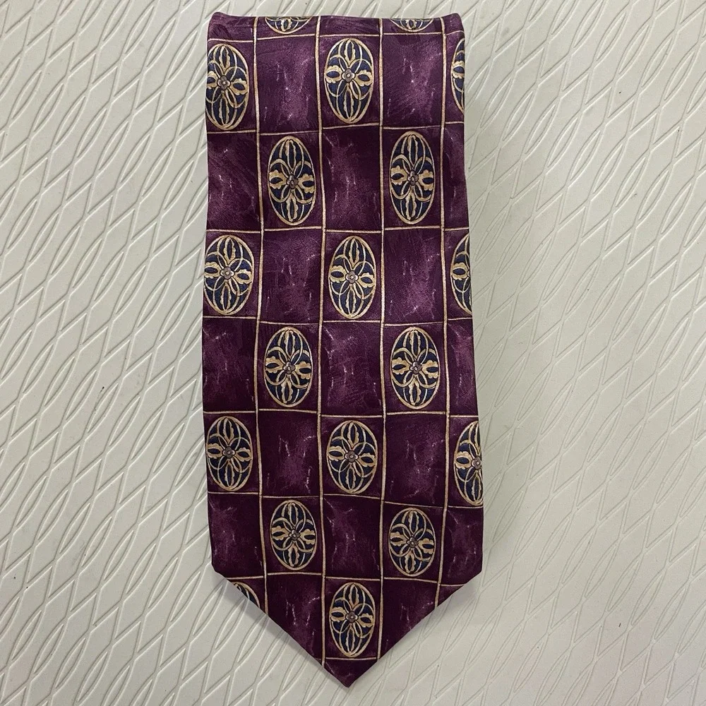 Barrington‎ Men's Necktie 100% Silk Purple/Tan/BlueGeometric 3.75